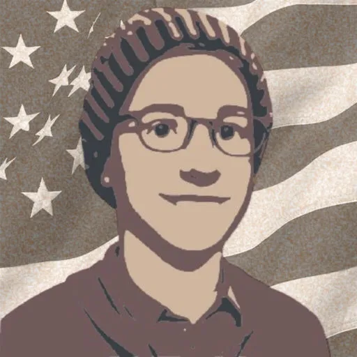 drawn version of kieran with an american flag in the background